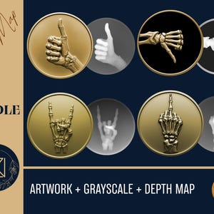 Skeleton hand gesture coin png bundle for laser engraving