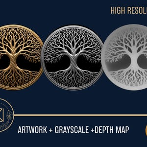 Puede incluir: Tres diseños circulares con un motivo de árbol de la vida. El primero es dorado sobre negro, el segundo plateado sobre negro y el tercero es un diseño en escala de grises. El texto en la parte inferior dice "ARTWORK + GRAYSCALE + DEPTH MAP".