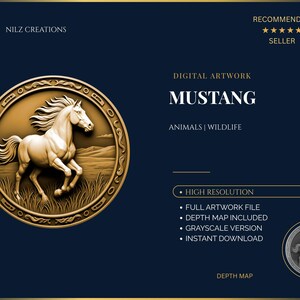 Mustang Laser Engraving Coin Files - Color, Grayscale & Depth Map PNG