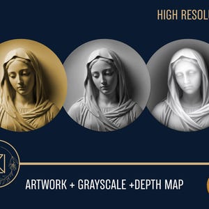 Op de afbeelding: Drie grijswaarden van een klassiek beeldhouwwerk van een vrouw met een gedrapeerde hoofdbedekking. De afbeelding bevat de tekst "HIGH RESOLUTION" en "ARTWORK + GRAYSCALE + DEPTH MAP". Het kunstwerk staat tegen een donkerblauwe achtergrond.