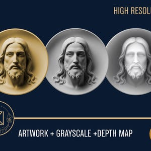 May include: Three circular relief sculptures of a man with long hair and a beard, each in a different color: gold, gray, and white. The text "HIGH RESOLUTION" is at the top. The bottom text reads "ARTWORK + GRAYSCALE + DEPTH MAP".