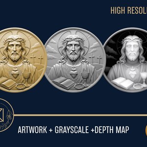 May include: Three circular religious artworks featuring a detailed depiction of Jesus Christ with a crown of thorns, a heart, and a chalice. The artworks are in gold, silver, and grayscale, with the text "ARTWORK + GRAYSCALE + DEPTH MAP" below.