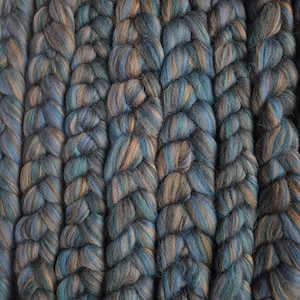 May include: Close-up of a chunky knit textile in shades of blue, teal, and brown. The thick yarn is braided in a vertical pattern, creating a textured surface. The colour variations add depth and visual interest to the knitted material.