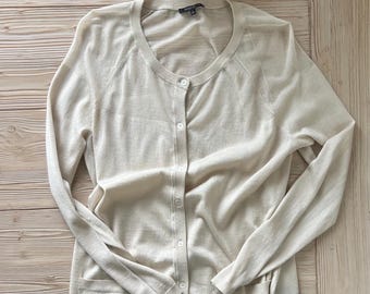 Lafayette 148 Cashmere Silk Cardigan Beige Lightweight Sheer Knit Sweater Size L