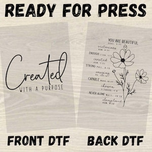 May include: Two transparent DTF (Direct to Film) transfer sheets. One reads "Created with a Purpose" in a script font. The other features a floral design with the words "You are Beautiful" and other inspirational words.