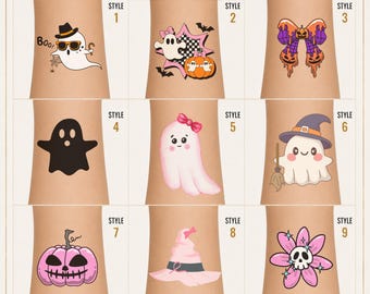 Halloween Temporary Tattoos Cute Ghost Tattoo, Pumpkin Bat Witch Temporary Tattoos, Spooky Fall Party Favors, Halloween Fake Tattoo Sheet