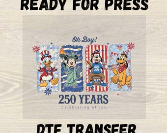Disney Mickey y sus amigos 250 años Dtf, Oh Boy 250 años celebrando la alegría Dtf, Día de la Independencia, Impresión patriótica Dtf de Disneyland, Dtf