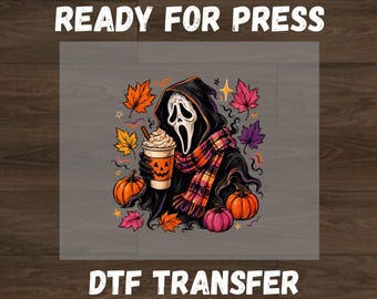 Transferencia DTF de café espeluznante, diseño de hojas de otoño para Halloween, impresión DTF de temporada espeluznante, gráfico de otoño acogedor, transferencia termoadhesiva de Halloween, DTF