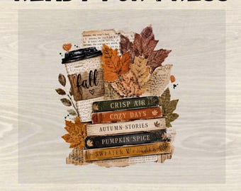 Fall Ready to Press Heat Transfer, Autumn Book and Coffee Dtf Transfer, Cozy Season Book Lover Gift, Pumpkin Spice Latte Design