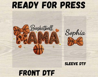 Transferencia DTF personalizada de hilo sintético para mamá de baloncesto, lista para imprimir, regalo para el Día de la Madre, regalo para mamá con corazón coqueto, nombre personalizado para mamá deportista