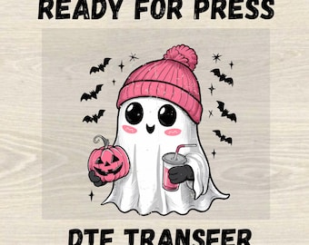 Lindo fantasma rosa DTF, transferencia térmica lista para planchar, lindo calabaza de Halloween DTF, diseño de camiseta para amantes del café de otoño, DTF de otoño de moda
