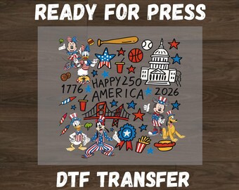 Transferencia DTF Disney Feliz 250 Aniversario, Impresión DTF Mickey y sus amigos 4 de julio, Transferencias térmicas Disney listas para prensar, DTF Aniversario de EE. UU.