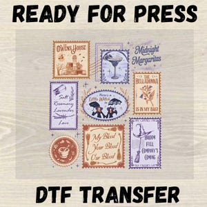 May include: A DTF transfer sheet featuring a collection of rectangular and circular postage stamp-style designs with witchy themes. Text includes The Owens House, Midnight Margaritas, Salt Rosemary Lavender Love, Little Witch in all of us, The Belladonna is in my bag, My Blood Your Blood Our Blood, and Broom Fell Company's Coming.