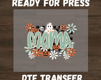 Transferencia DTF de Halloween Mama, Impresión DTF de Ghost Pumpkin Mom, Transferencia lista para prensar para otoño y Halloween, Diseño de camiseta de otoño para mamá, Directo a película