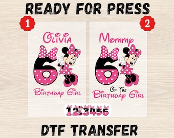 Impresión DTF personalizada para niña de cumpleaños de Disney, transferencia DTF para la familia de cumpleaños, regalo para niña de cumpleaños, diseños de camisetas de cumpleaños de Minnie Mouse de Disney, DTF