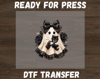 Black Lace Ghost Holding Black Cat Dtf, Coquette Halloween Dtf Transfer, Spooky Cute Sweatshirt Design, Ready to Press Sublimation
