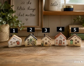 Peut inclure: Cinq petites figurines de maisons en céramique disposées en rangée, chacune numérotée de un à cinq. Chaque maison présente un motif peint à la main unique, incluant diverses couleurs de portes, formes de fenêtres et motifs botaniques, surmontée d'une petite cheminée noire.