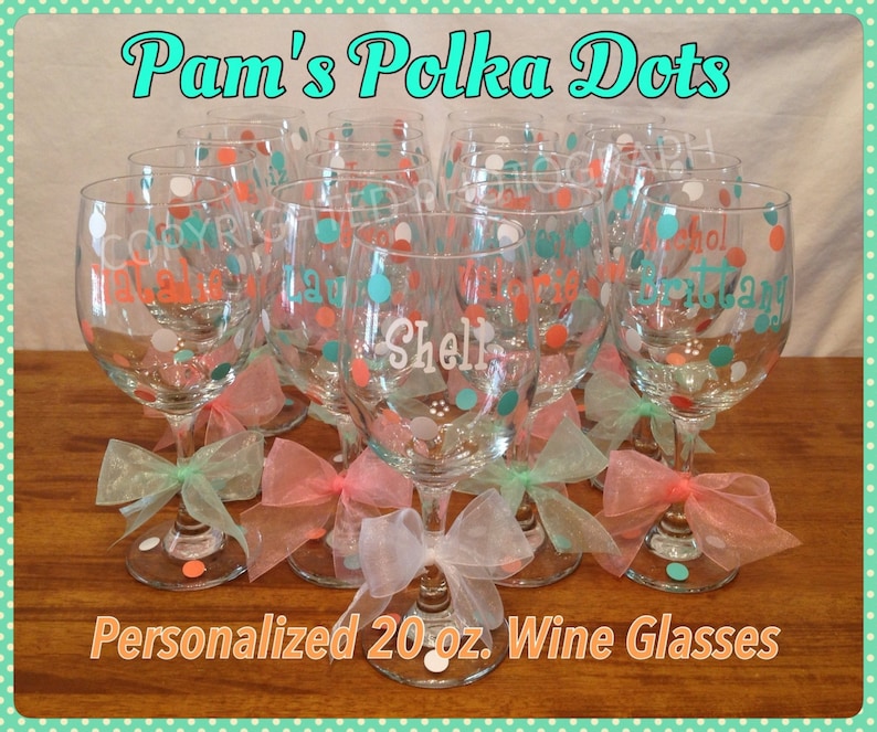 7 Personalized TALL WINE GLASSES Name Initial Polka Dots great for Birthdays Bride Bridesmaids Bachelorette Wedding Party or Anyone 20 oz.