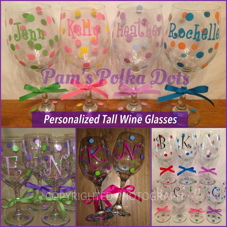7 Personalized TALL WINE GLASSES Name Initial Polka Dots great for Birthdays Bride Bridesmaids Bachelorette Wedding Party or Anyone 20 oz.