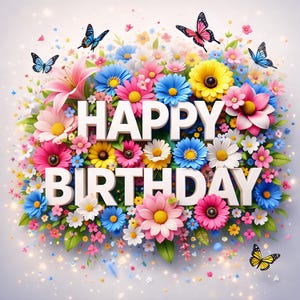 May include: A vibrant floral arrangement with the words "HAPPY BIRTHDAY" in bold white letters. The flowers are a mix of pink, blue, yellow, and white, with butterflies fluttering around. A festive and colorful design.