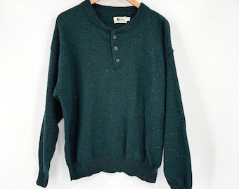 REI Dark Forest Green Vtg 90s Long Sleeve Henley Wool Sweater Men's L