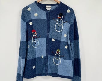 Suéter con botones delanteros de muñeco de nieve de punto patchwork azul Breckenridge para mujer M