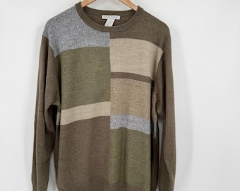 Suéter ligero de manga larga con bloques de color marrón y verde de Geoffrey Beene para hombre L