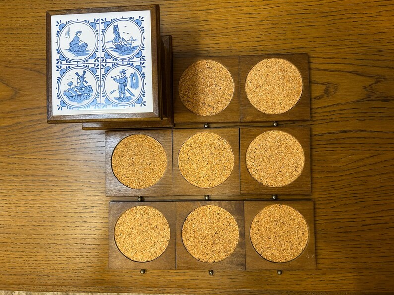 Vintage Wood and Cork Coaster Set With Drawer-style Storage Case (1970 ...
