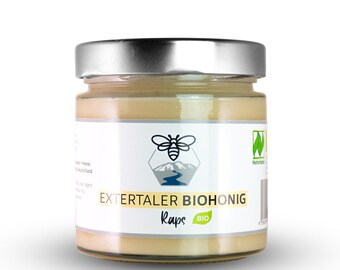 Miele di colza biologico dalla Germania, 250 g o 500 g. Miele biologico delicato e cremoso, direttamente dall'apicoltore biologico. Certificato Naturland.