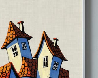 Naive Folk Art Village Print, Whimsical Crooked Houses (Digital Download)