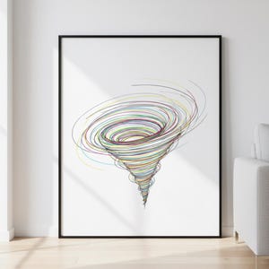 May include: A framed art print featuring a colorful tornado illustration. The artwork depicts a swirling vortex of lines in various colors, including yellow, green, blue, and red, against a white background. The frame is black.