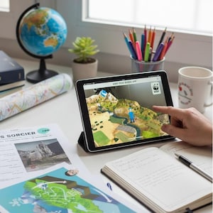 Könnte beinhalten: Ein Tablet zeigt die "WWF Pese Rivers APP" mit einer 3D-Karte eines Flusses und der Landschaft. Ein Finger berührt den Bildschirm. Ein Globus, Bleistifte, eine Tasse, eine Sukkulente und ein Notizbuch liegen ebenfalls auf dem Schreibtisch.