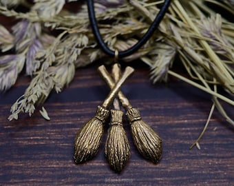 Broomsticks bronze witches pendant pin Nornas
