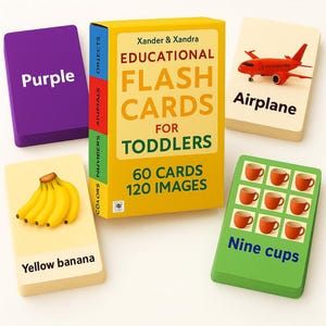 May include: Educational flash cards for toddlers. The yellow box features the text "Xander & Xandra" and "Educational Flash Cards for Toddlers". The cards show a purple card, a yellow banana, a red airplane, and nine cups.