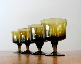 Four Vintage Mid Century Milnor Sweden Modern Glass Goblets Denby Mirage Amber Brown Swedish Modern Barware