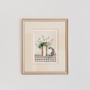 Charming Vintage Screenprint of a Cat and Flower Bouquet Arrangement in Vase Signed Art Print Pink Green Black