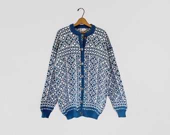 Vintage Voss Norwegian Hand Knit Wool Cardigan Sweater Sky Blue Cream Ski / Fair Isle Extra Large XL