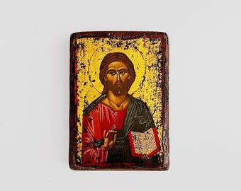 Vintage Byzantine Jesus Christ Painted  and Gilded / Gold Leaf Icon Polychrome Painting on Wood 20th Century With Ephemera