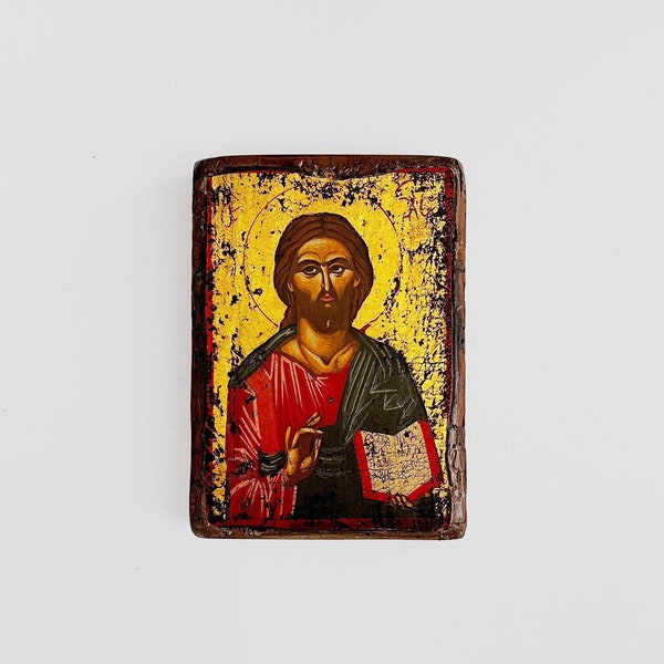 Vintage Byzantine Jesus Christ Painted  and Gilded / Gold Leaf Icon Polychrome Painting on Wood 20th Century With Ephemera