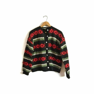 Traditional Vintage Scandinavian Style Fair Isle Ski Cardigan Sweater Women's Medium Black Red Cream Green Chunky Button Down Hand Knit image 3