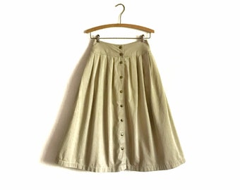 Vintage 80's / 90's LL Bean High Drop Waist Pleated Khaki Cotton Duck Full Snap Skirt with Pockets Women's 6 Small
