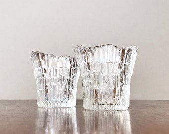 Vintage Clear Ice Glass Votive Tealight Candle Holders Attr Wirkkala for Humppila Northern Lights Revontulet Style Pair Set Two (2) Finland