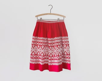 Vintage Guatemalan Cotton Fit and Flare Midi Skirt Red / White Traditional Folk Embroidery Swedish Christmas Circa 1960's