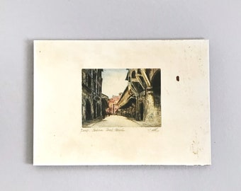 Signed Vintage / Antique Fine Art Lithograph Print European Street Scene