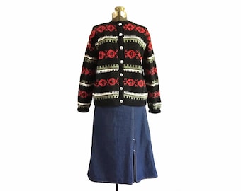 Traditional Vintage Scandinavian Style Fair Isle Ski Cardigan Sweater Women's Medium Black Red Cream Green Chunky Button Down Hand Knit