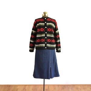 Traditional Vintage Scandinavian Style Fair Isle Ski Cardigan Sweater Women's Medium Black Red Cream Green Chunky Button Down Hand Knit image 1