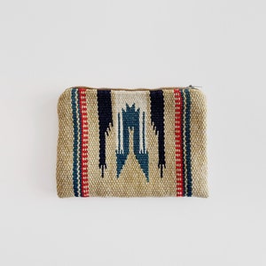 Vintage Traditional Chimayo New Mexico Handwoven Loomed Wool Blanket Pouch Zippered Purse Fred Harvey El Grande Southwest Craft Tan Blue Red image 1