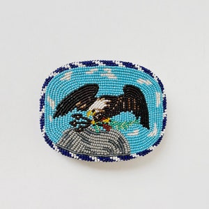 Vintage Handmade Beaded Bald Eagle Belt Buckle Blue Brown Glass Beads on Buckskin Leather Circa 1980's 80's image 1