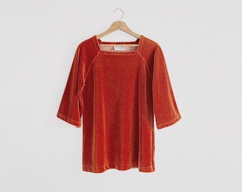 Vintage 70's Rust Orange Cotton Velour Tunic Top Pullover Shirt 3/4 Sleeves Square Neckline Keyloun