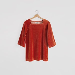 Vintage 70's Rust Orange Cotton Velour Tunic Top Pullover Shirt 3/4 Sleeves Square Neckline Keyloun